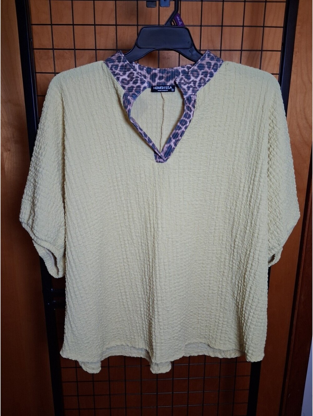 Heimish USA 1X Textured Leopard Trim V Neck Oversized Top Yellow Green
